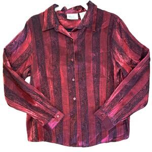 Kathy Lee Red Shiny Black Paisley Stripe Button Front Shirt Large